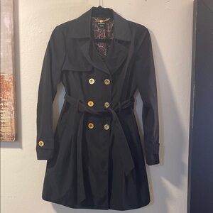 Bebe Black and Gold Trench Coat with Flared Skirt
